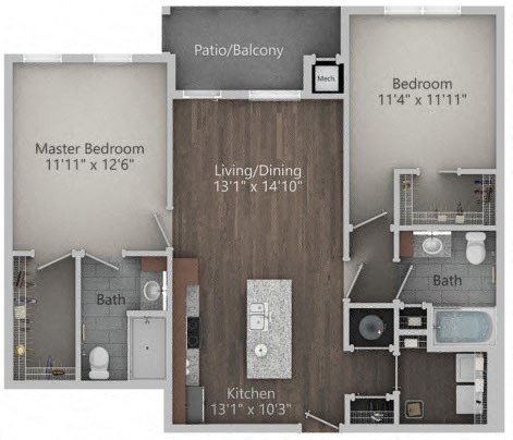 Floor plan for 2 beds, 2 baths, 1031 sqft
